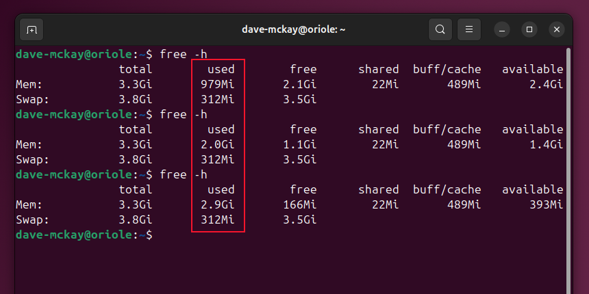 Three uses of the Linux free command showing a decrease in available RAM.