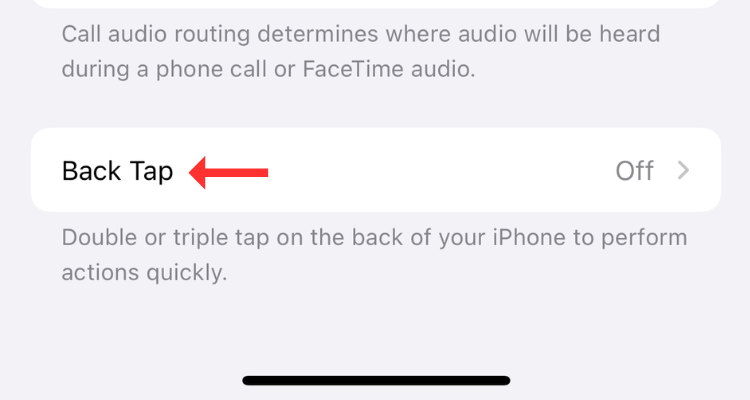 Screengrab of the Back Tap feature in iPhone 16's Accessibility menu.