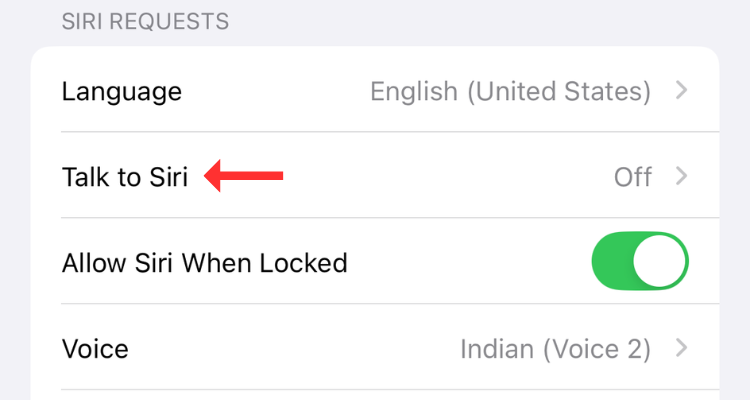 Screenshot of Siri options menu with an arrow next to Talk to Siri.