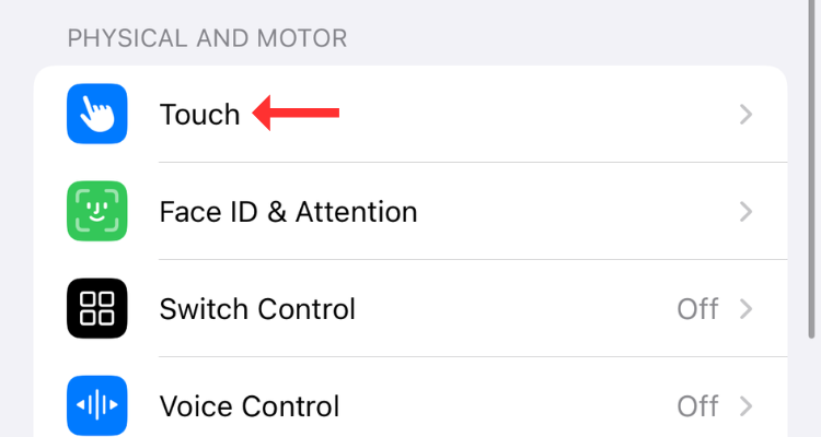 Screenshot of the iPhone accessibility menu with an arrow next to the Touch option.