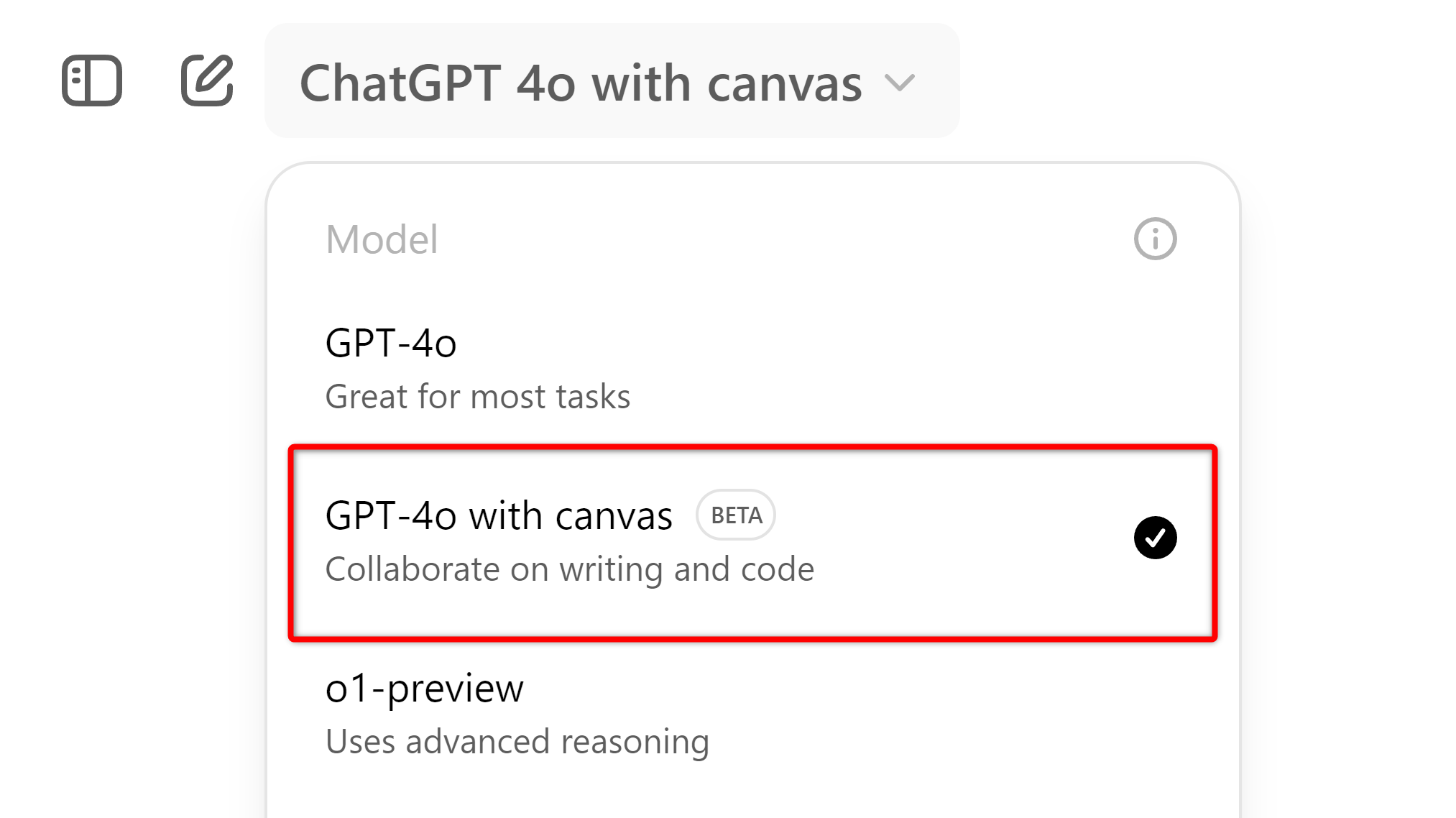 The ChatGPT canvas model selector.