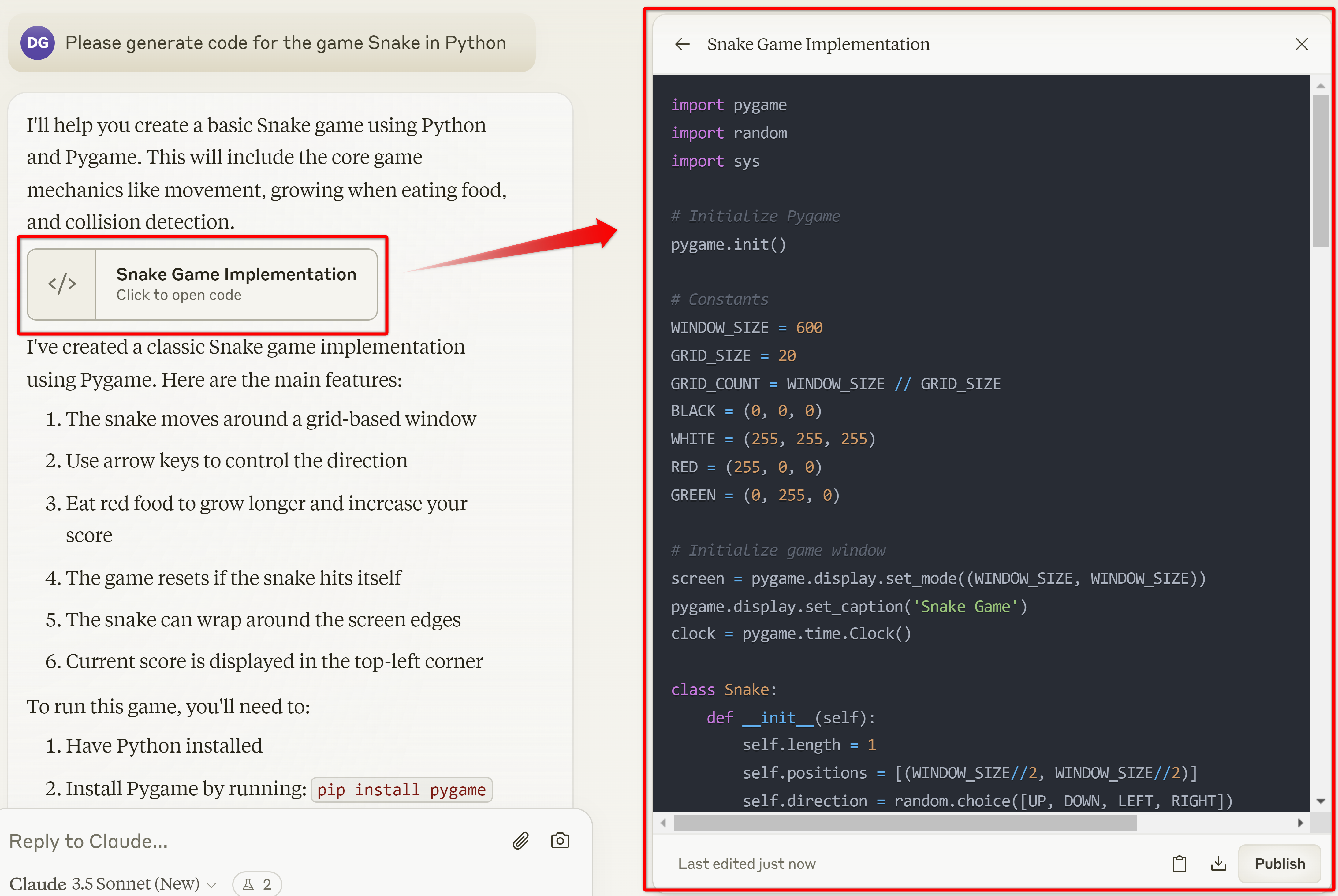 Code artifact for snake game in Python.