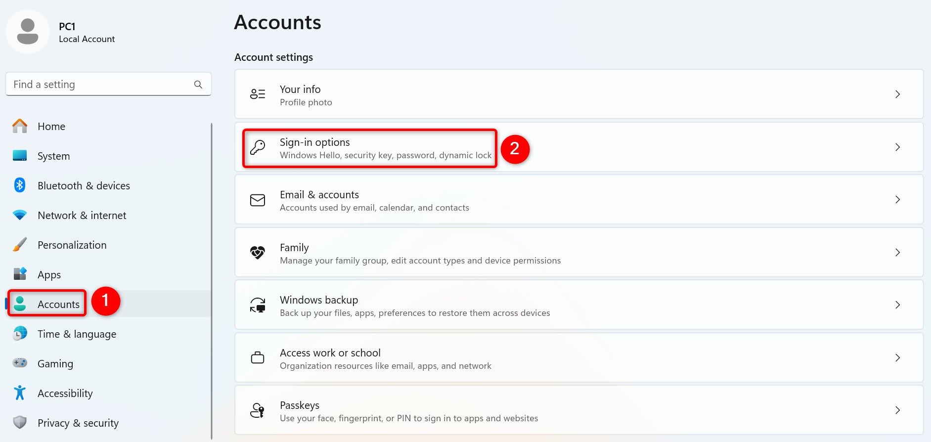 'Accounts' and 'Sign-In Options' highlighted in Windows 11 Settings.