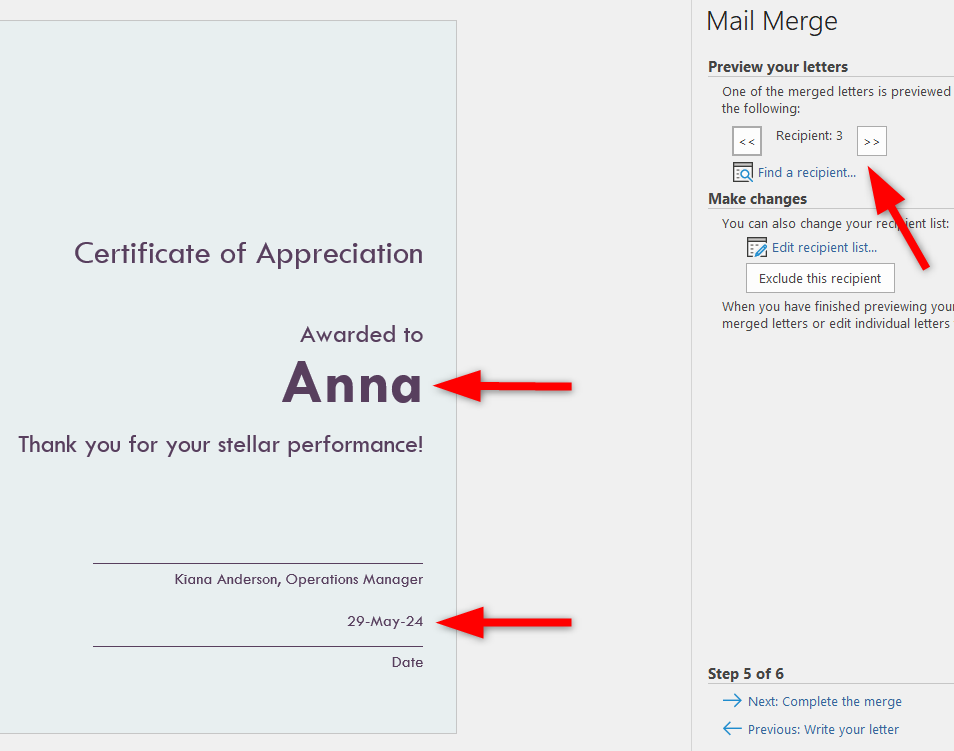 Previewing certificates after mail merge.