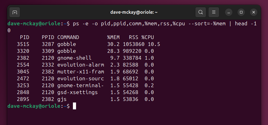 Output from the ps command sorted by memroy usage, piped through head to show the 10 top users of RAM.