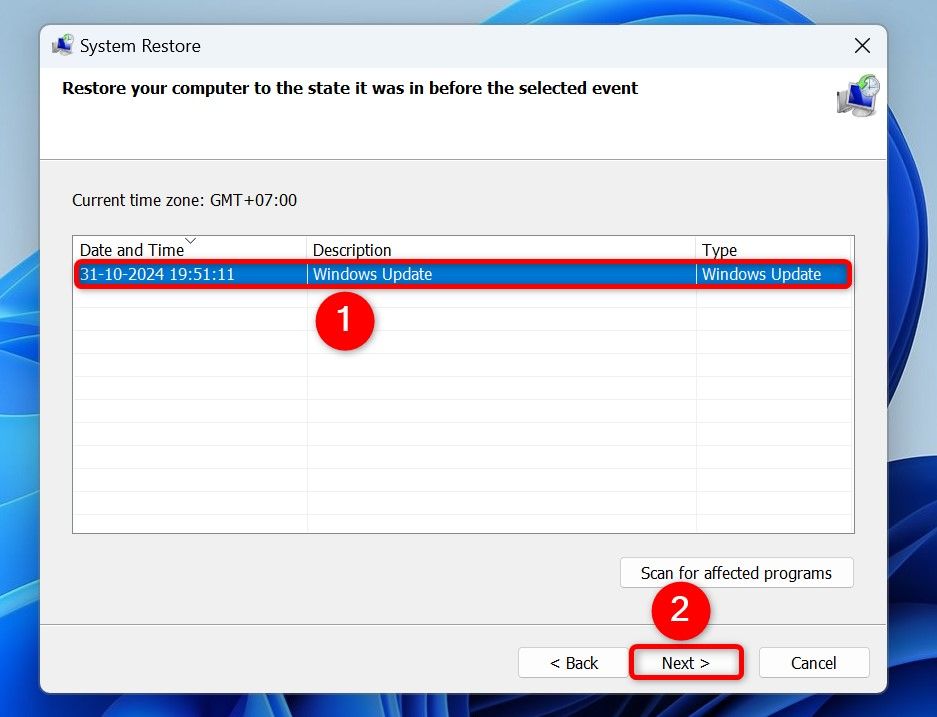 A restore point and 'Next' highlighted in System Restore.