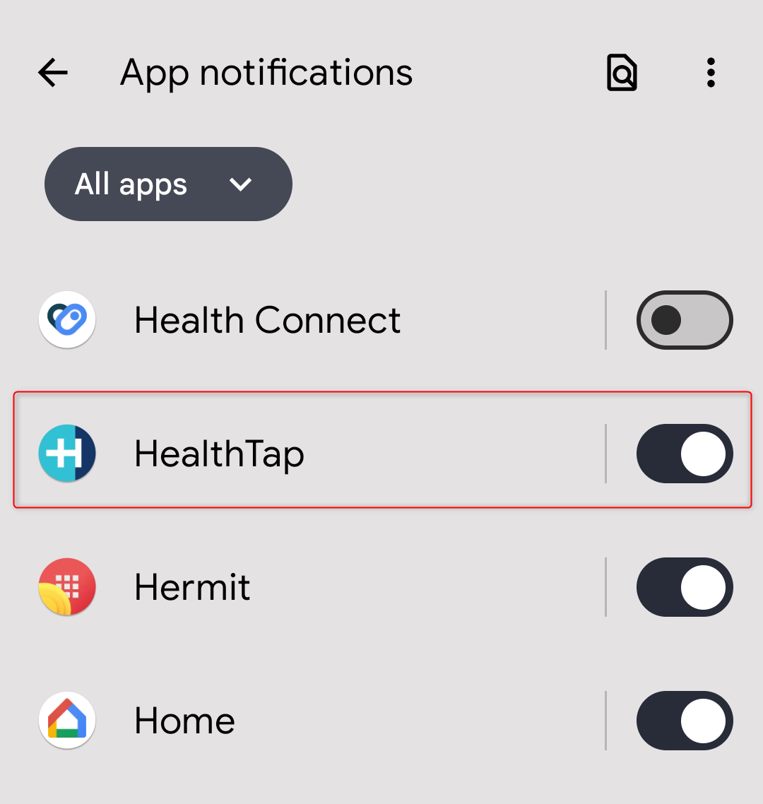 Only Hermit notification controls, not Lite apps