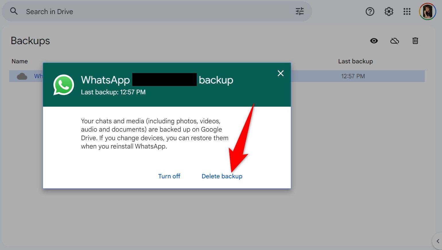 'Delete Backup' highlighted for a WhatsApp backup on the Google Drive site.