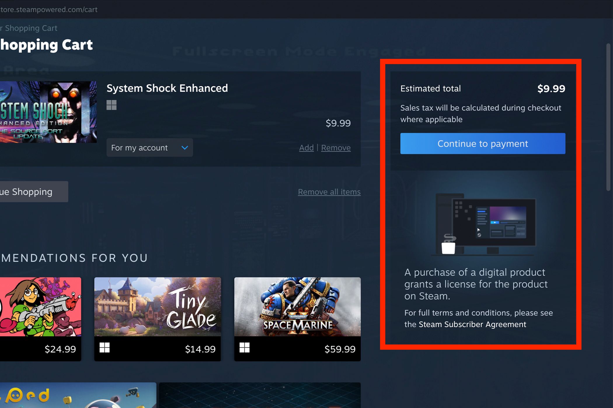 The Steam checkout page with a digital ownership notice.