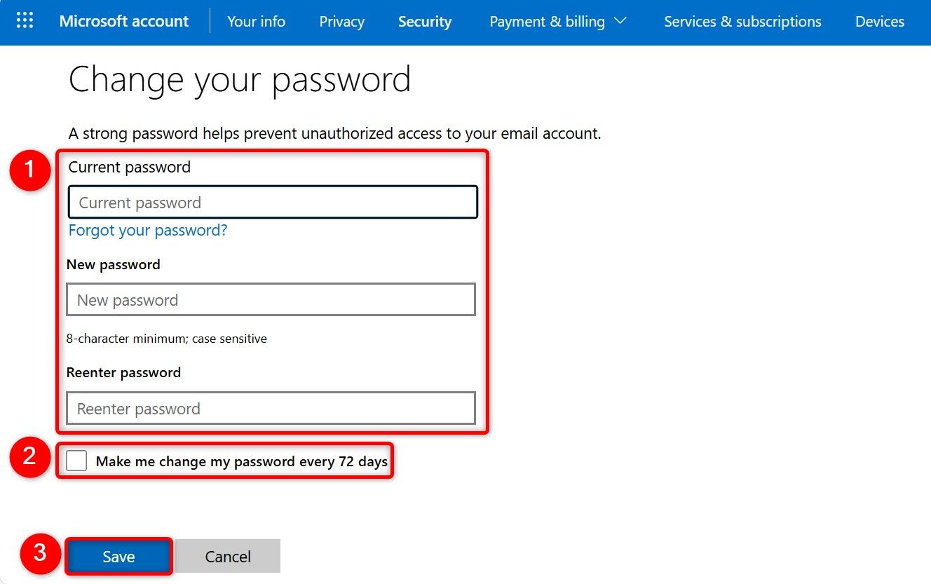 The 'Change Your Password' page on the Microsoft account site.