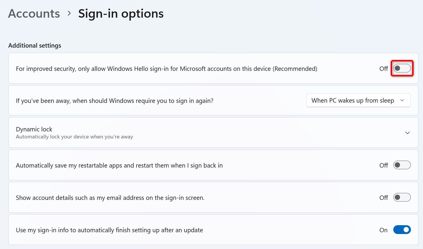 The 'For Improved Security, Only Allow Windows Hello Sign-In for Microsoft Accounts on This Device (Recommended)' toggle highlighted in Windows 11 Settings.