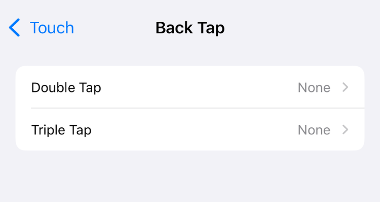 Screenshot of the Back Tap menu on iPhone 16, showcasing Double Tap and Triple Tap options.