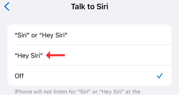 Screenshot of the Talk To Siri settings option with an arrow next to 