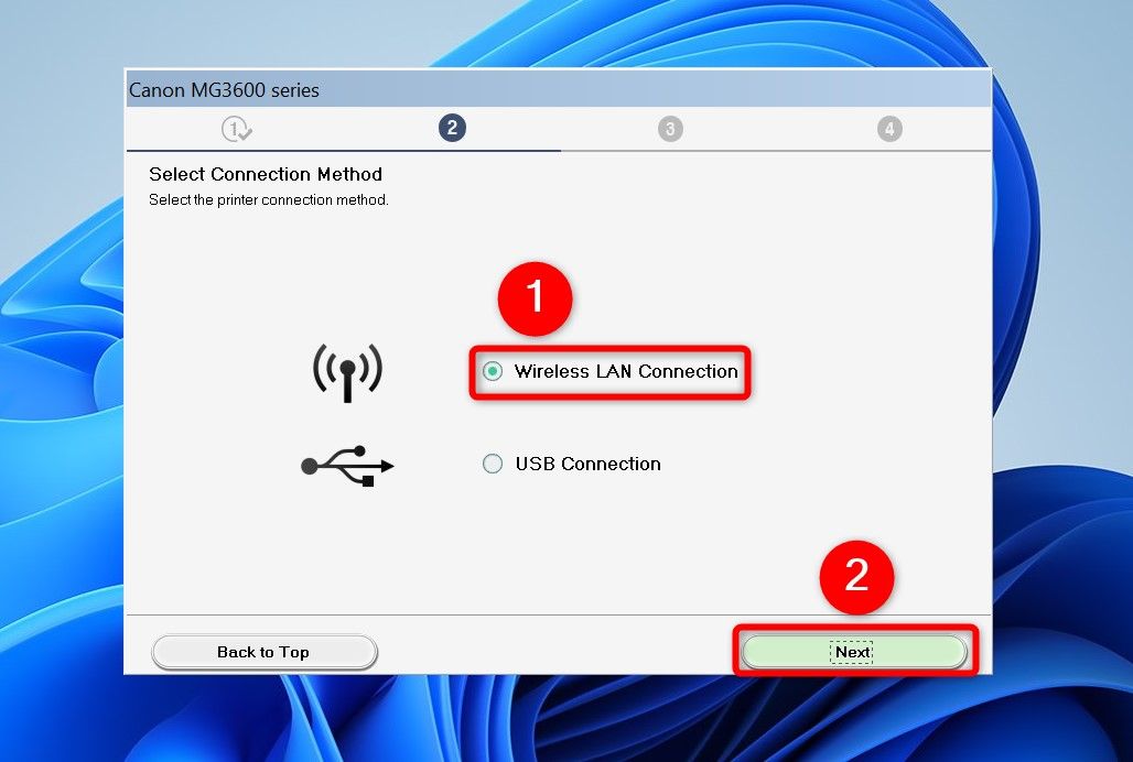 'Wireless LAN Connection' and 'Next' highlighted in the printer setup wizard.