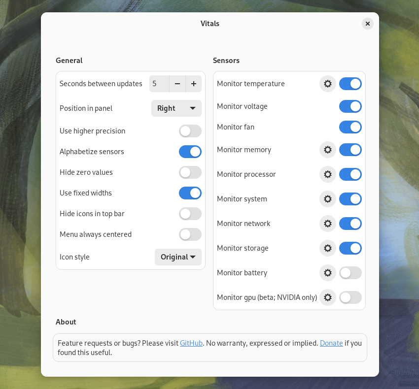 The Vitals extension configuration dialog.