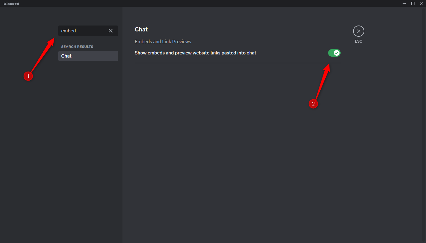 The embeds option in Discord settings.