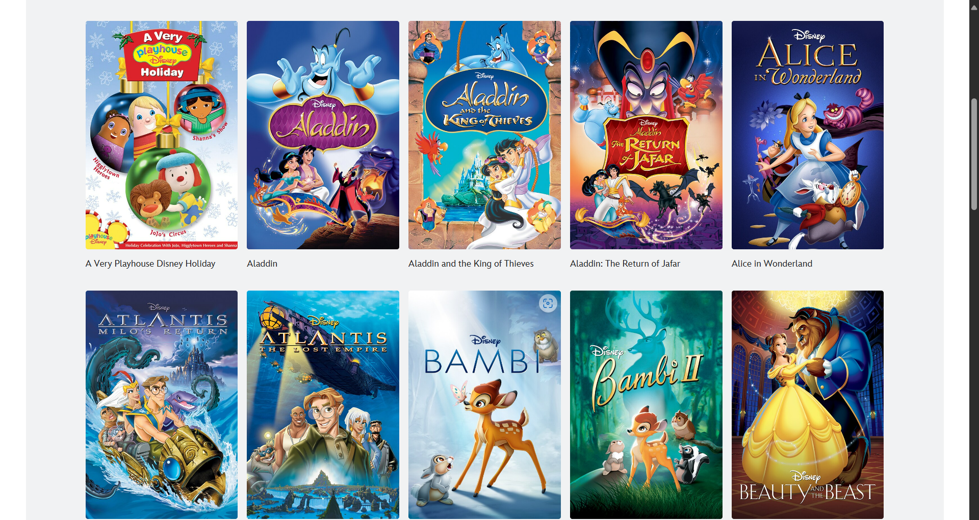 Animated Movies Listed on the Disney Website.