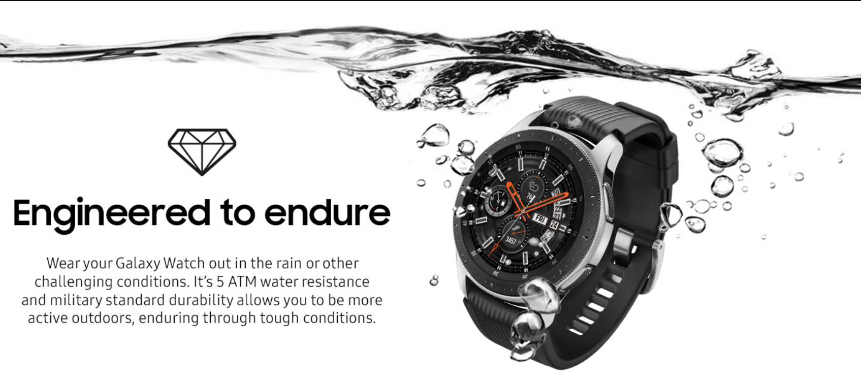 An advertisement for the Galaxy Watch's durability.