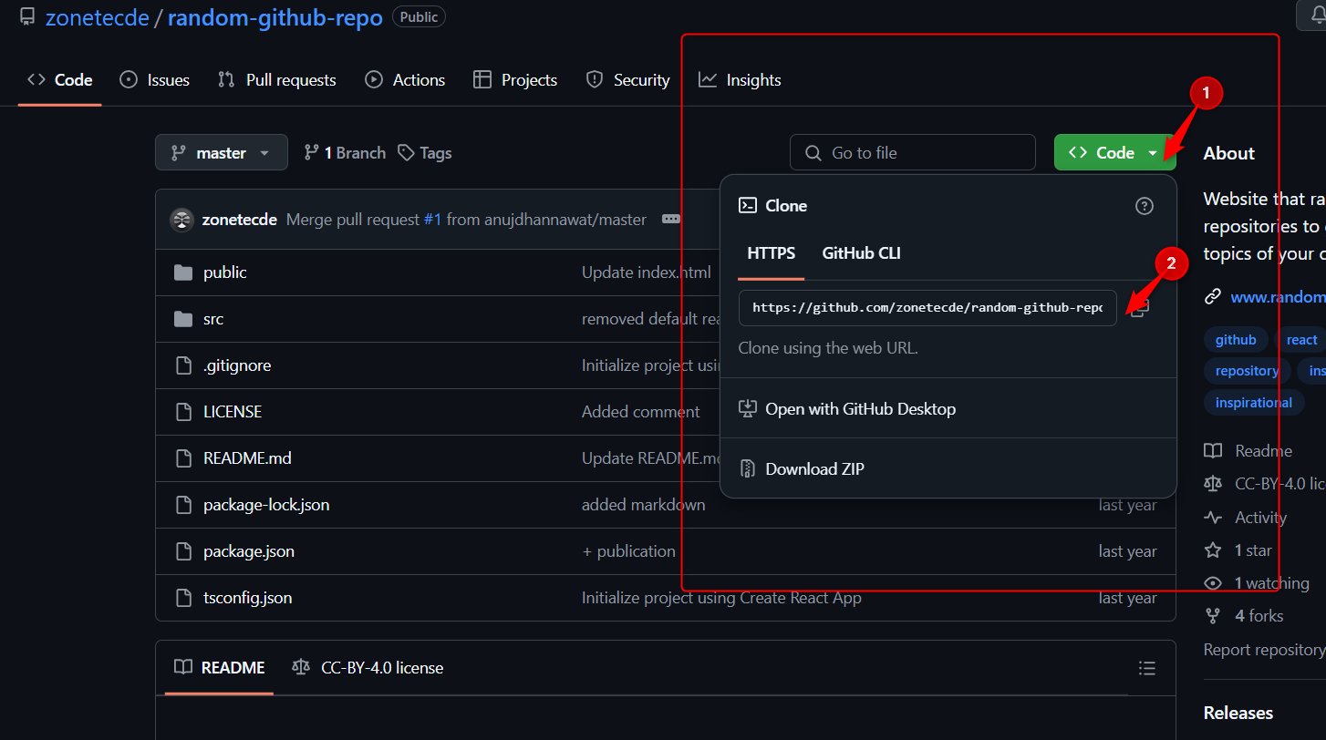 Numbered arrows showing HTTPS repository cloning option on GitHub.