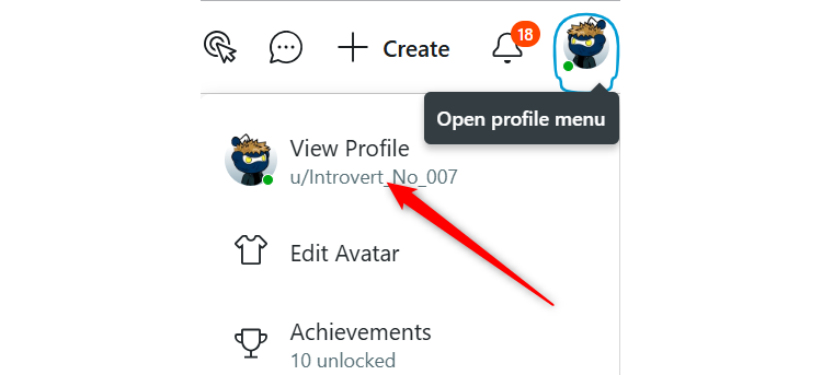 Reddit profile menu on a desktop