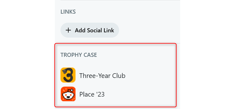 Reddit Trophy case on a desktop