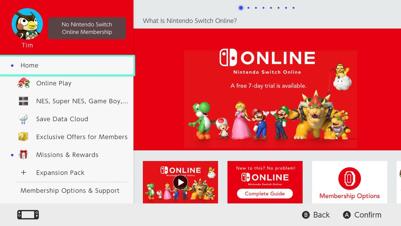 Nintendo Switch Online membership status.