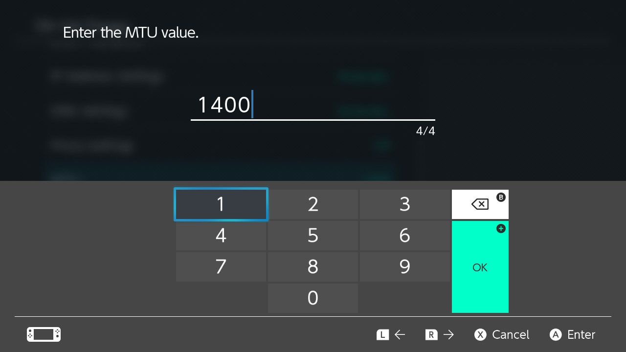 Entering an MTU value in the Nintendo Switch connection settings.