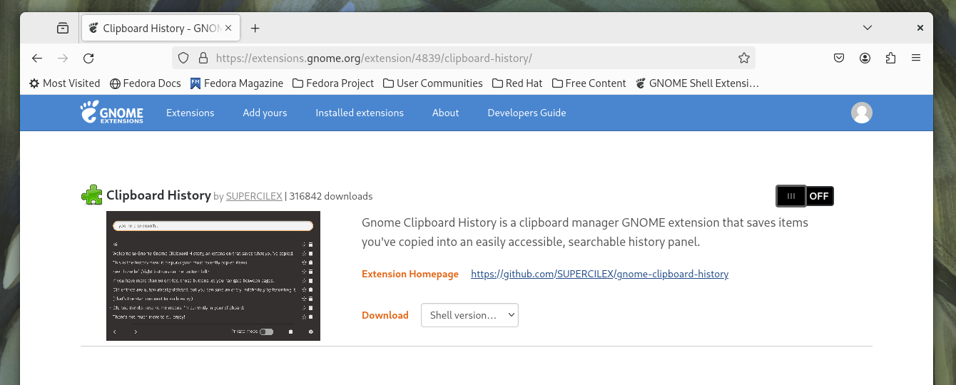 The Clipboard History page on the GNOME extensions website.