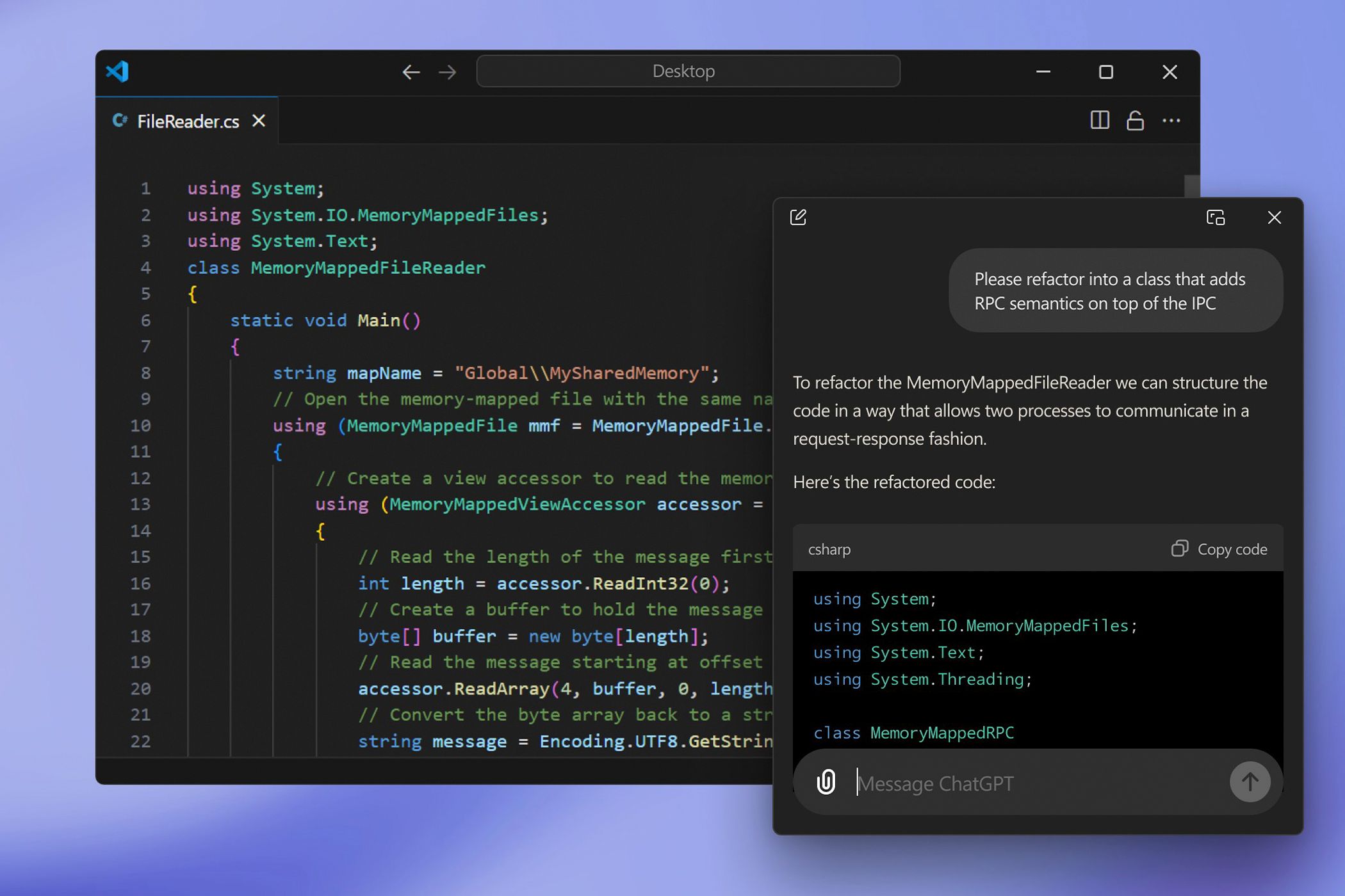 Running the ChatGPT app on Windows alongside Visual Studio Code.