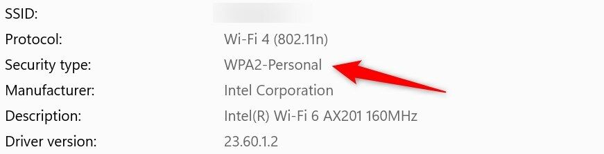 Checking the encryption type in the Settnigs app on Windows.