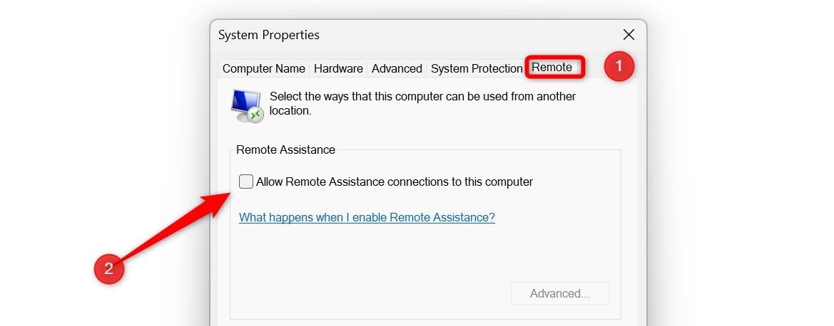 Disabling the Remote Assistance feature on Windows.