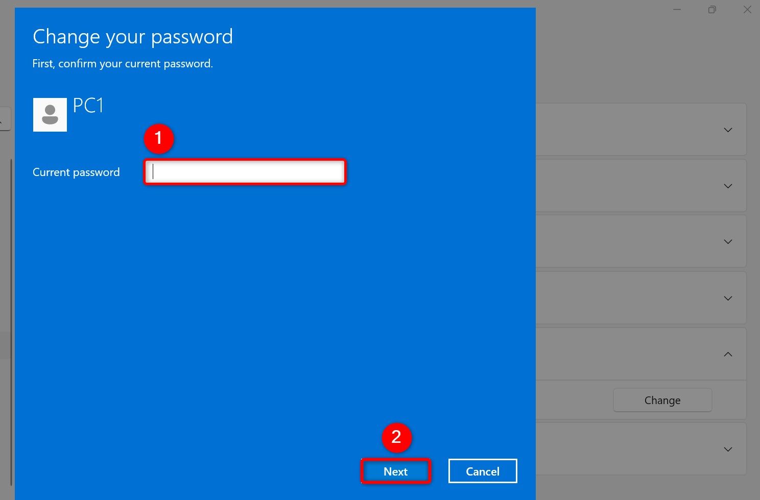 The 'Current Password' field and 'Next' highlighted.