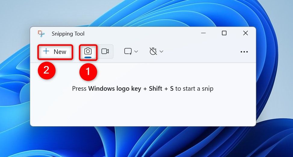 'Snip' and 'New' highlighted in Snipping Tool.