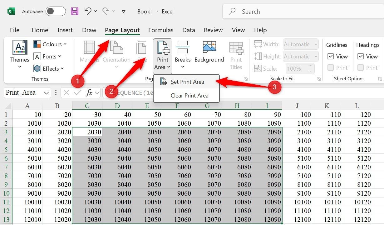 Setting a print area to print a specific part of an Excel spreadsheet.