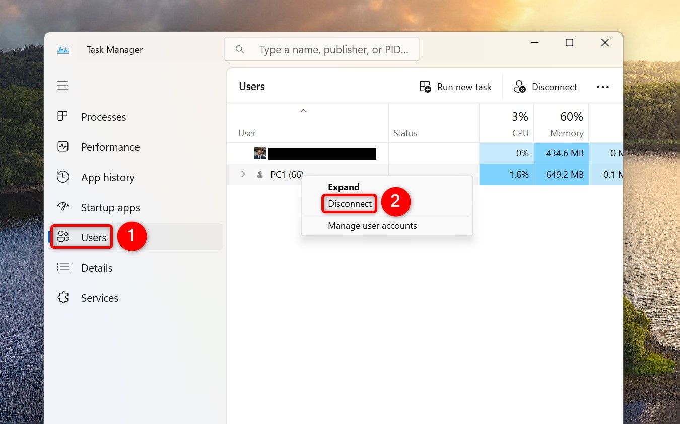 'Users' and 'Disconnect' for a user account highlighted in Task Manager.