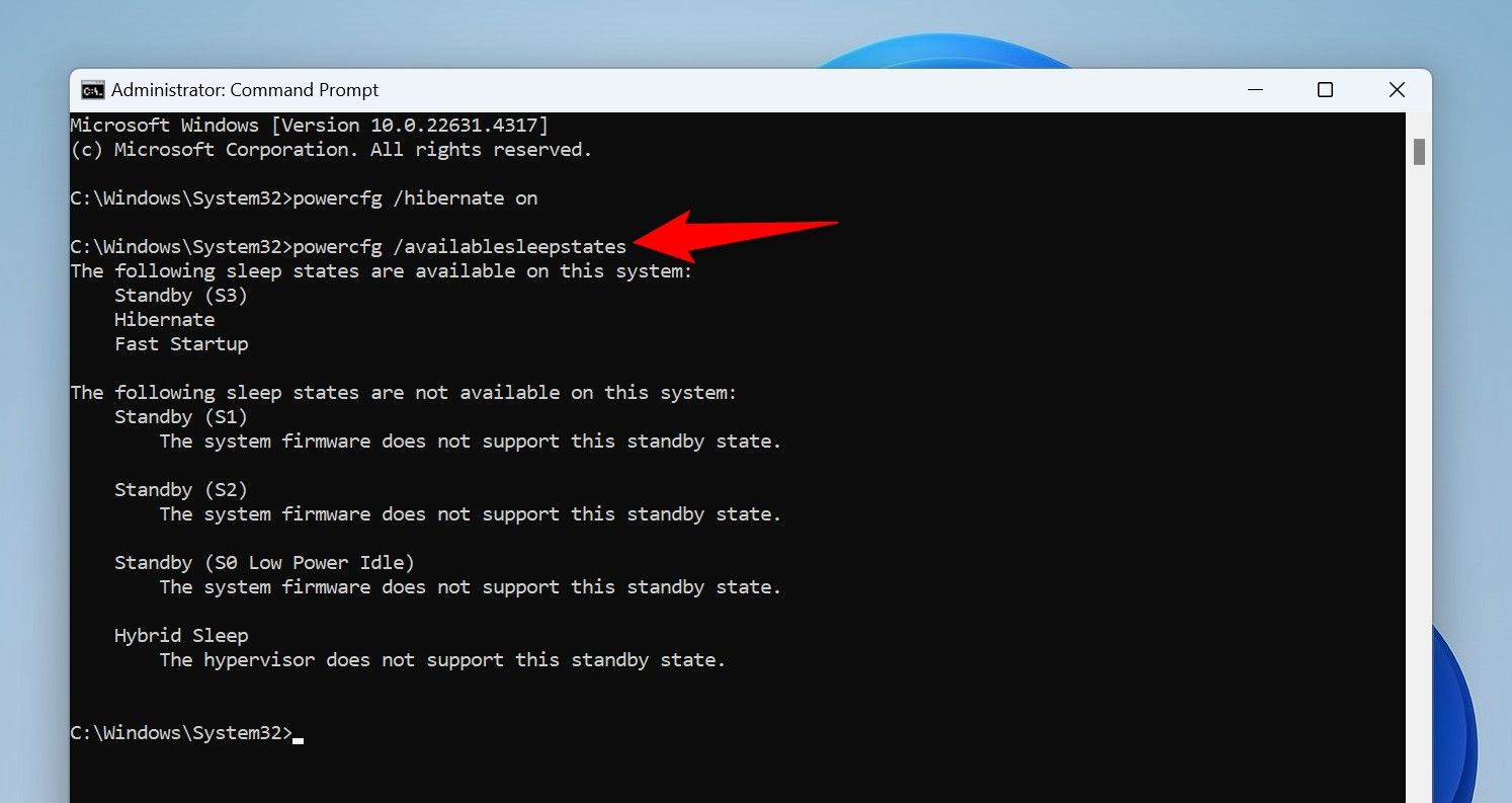 The command to check hibernation status typed in Command Prompt.