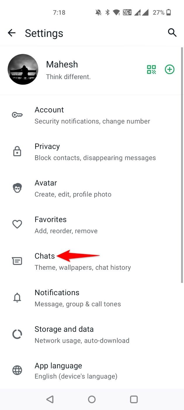 'Chats' highlighted in WhatsApp Settings.