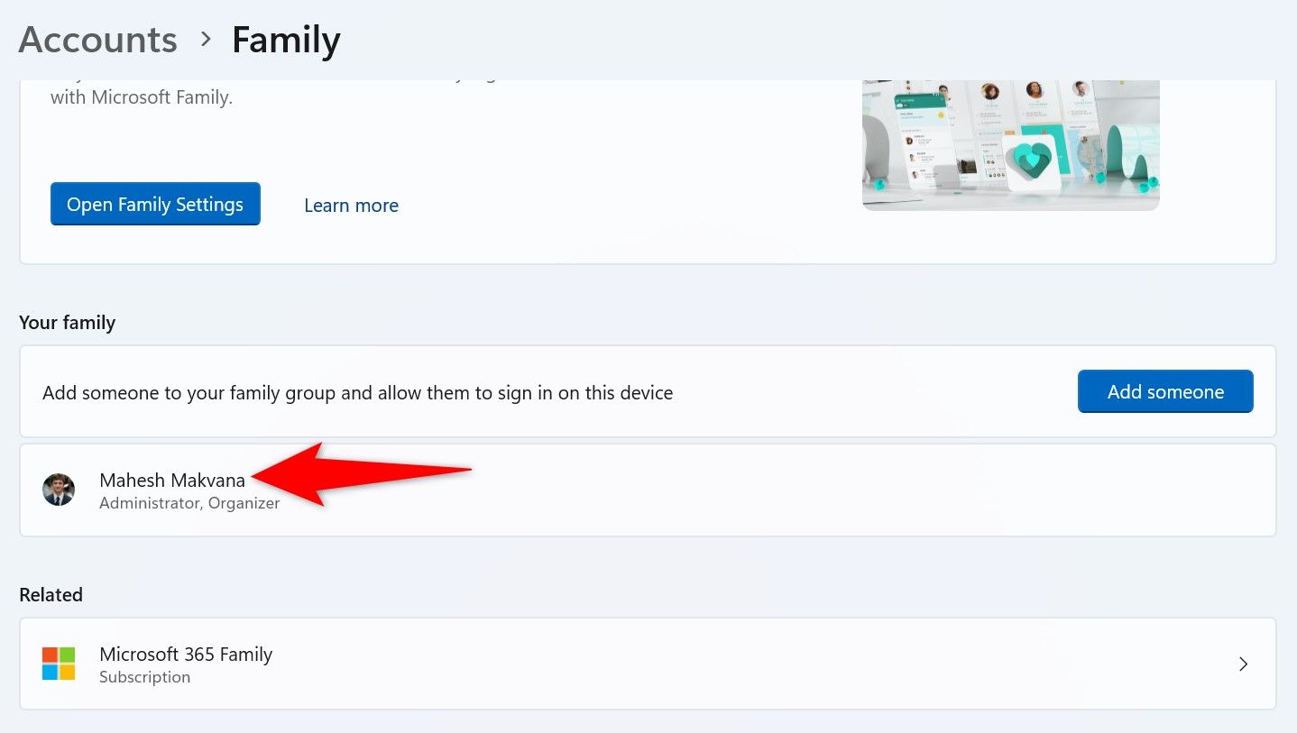 Cuentas familiares enumeradas en Configuración.