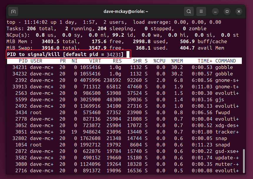 The top program waiting for the user to enter the process ID of the process they wish to kill. It is offering the process ID of the top-most process in the process table as the default value.