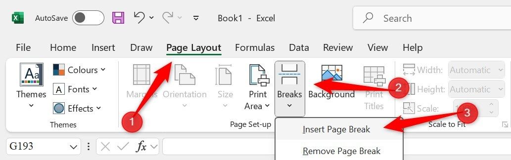 Inserting a page break in an Excel spreadsheet.