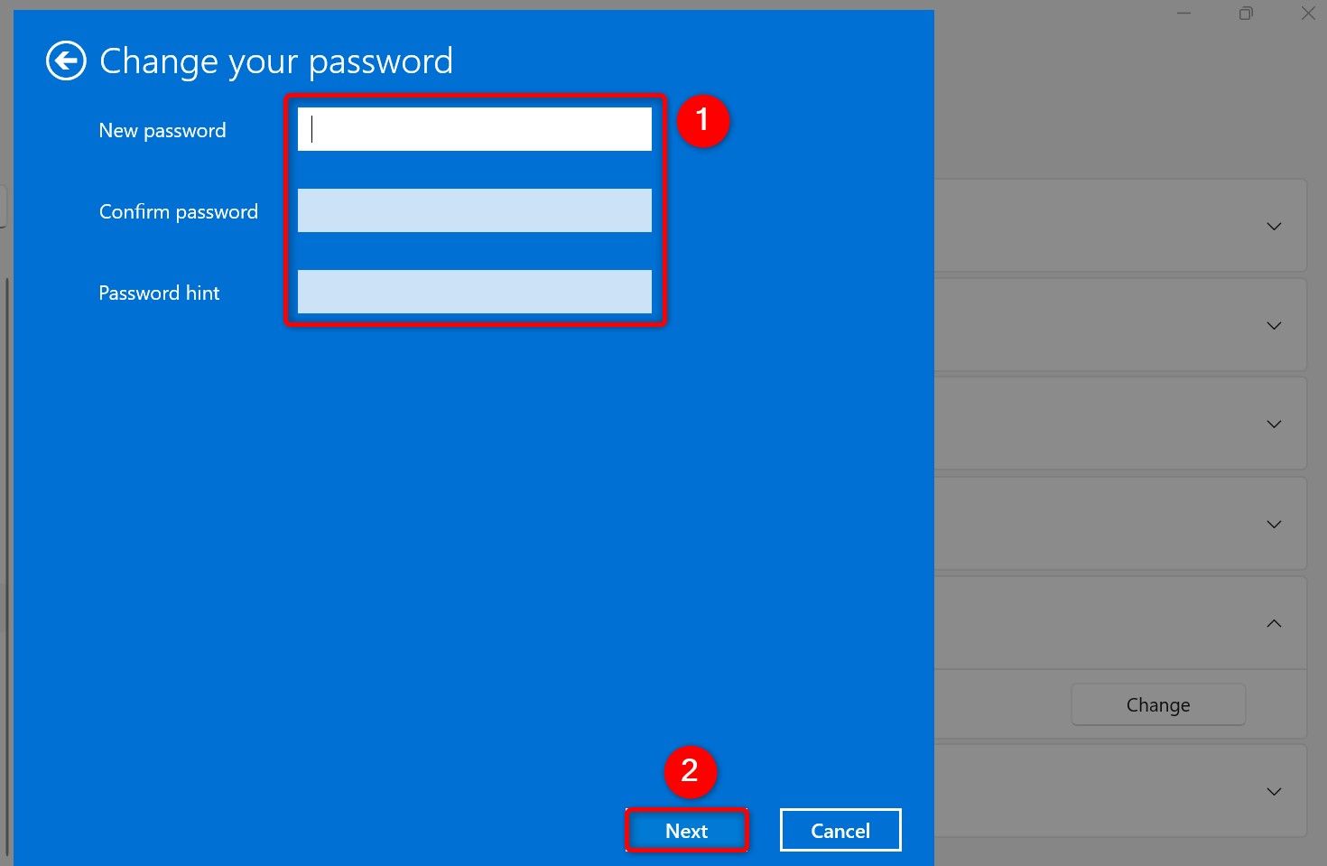 Various options highlighted on the 'Change Your Password' window.