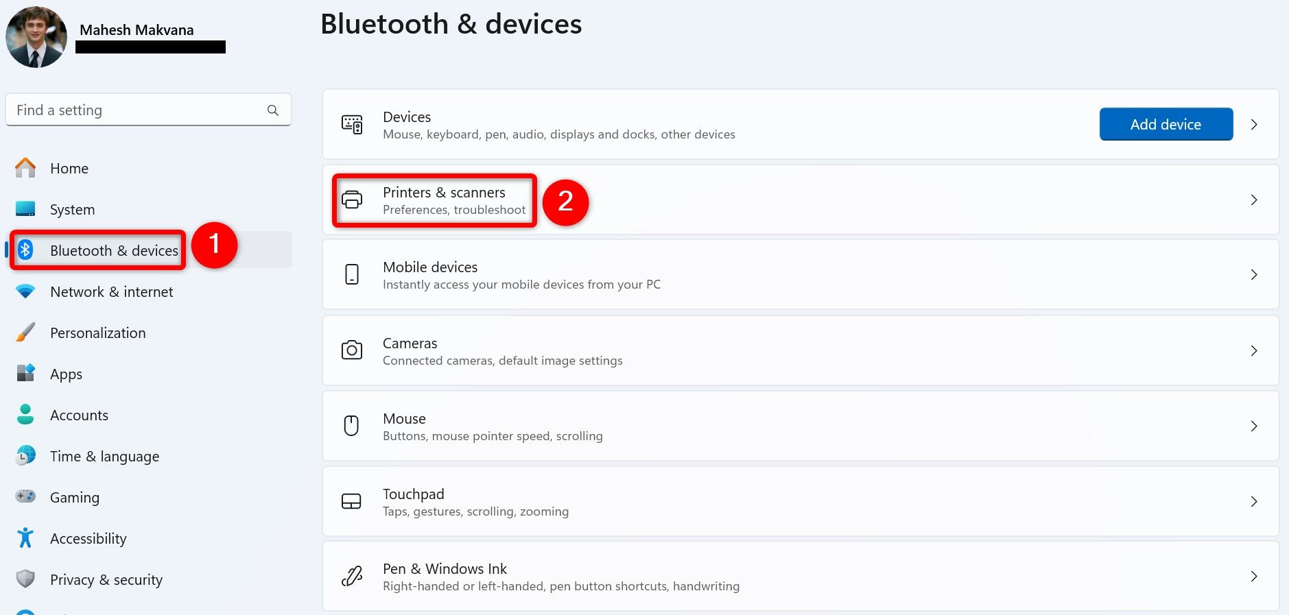 'Bluetooth & Devices' and 'Printers & Scanners' highlighted in Windows 11 Settings.