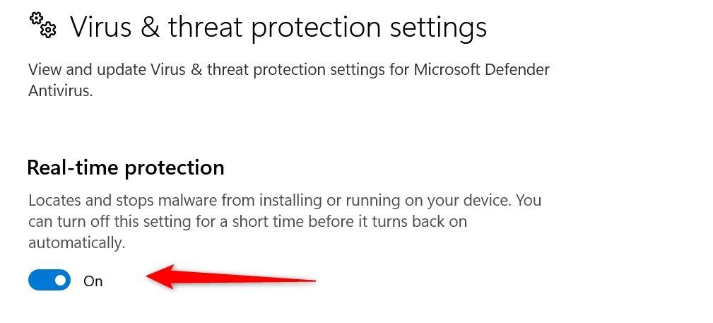 Turning on the real-time protection in the Windows Settings app.