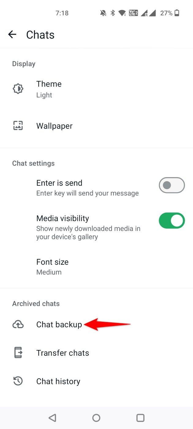 'Chat Backup' highlighted in WhatsApp Settings.