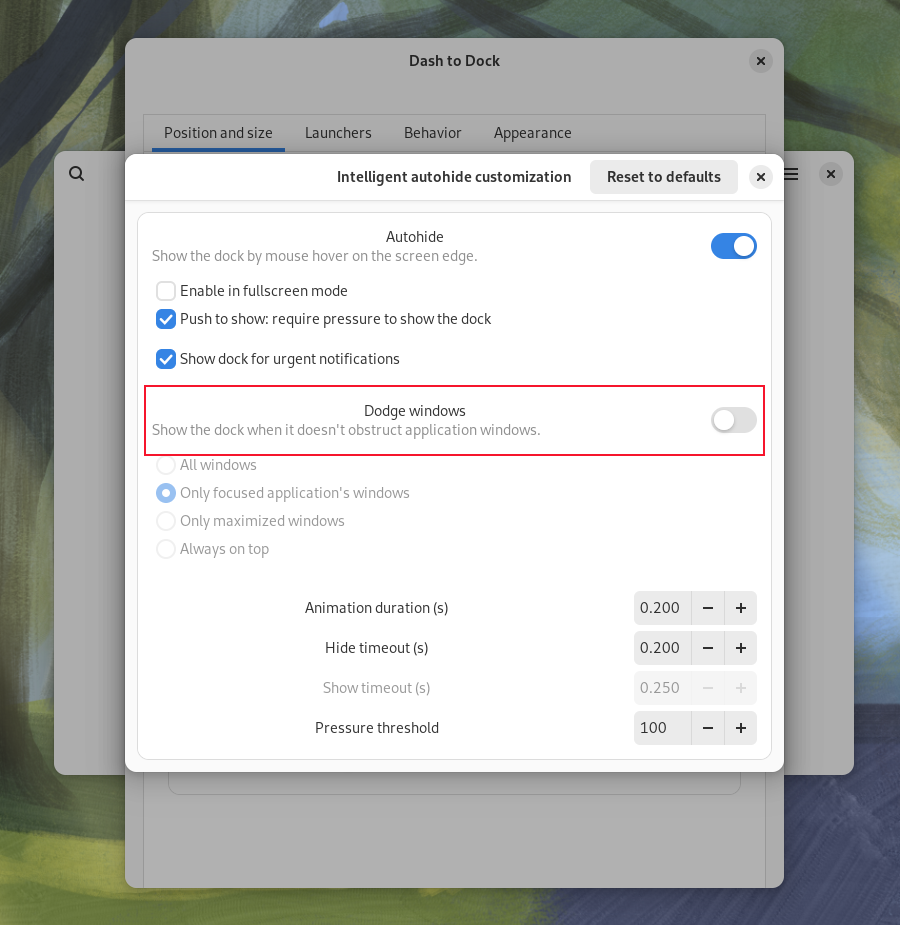 The Dash to Dock Settings dialog with the Dodge Windows option set to off.