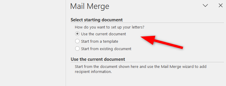 Selecting current document as the starting document for the Mail Merge.