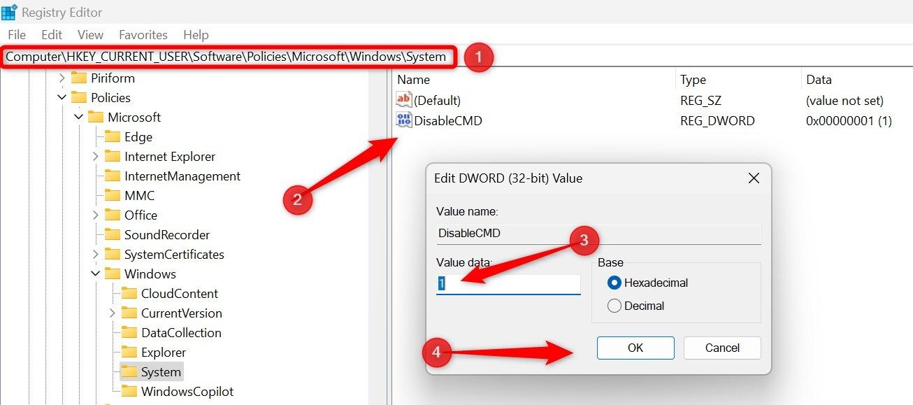 Disabling the Command Prompt in the Windows Registry Editor.