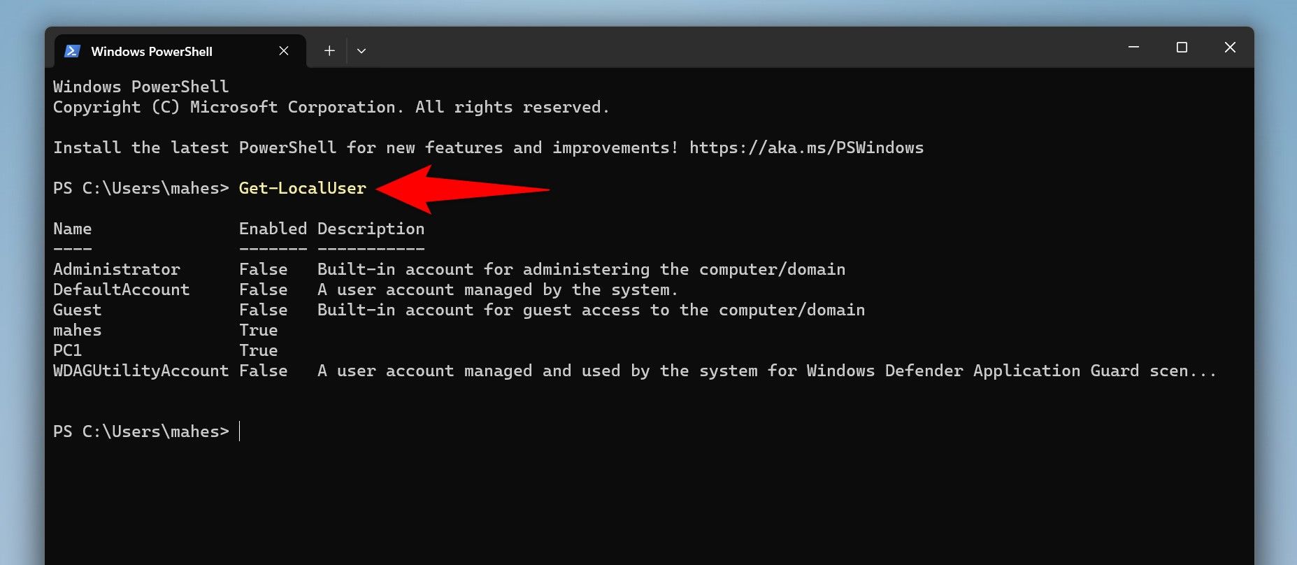 The 'Get-LocalUser' cmdlet typed in PowerShell.