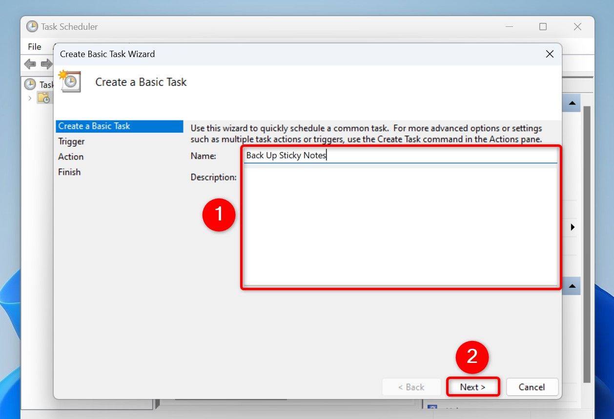 'Name,' 'Description,' and 'Next' highlighted in Task Scheduler.