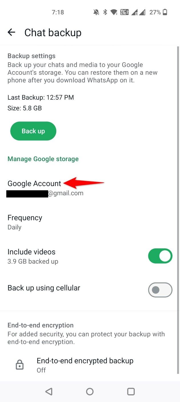 'Google Account' highlighted in WhatsApp Settings.